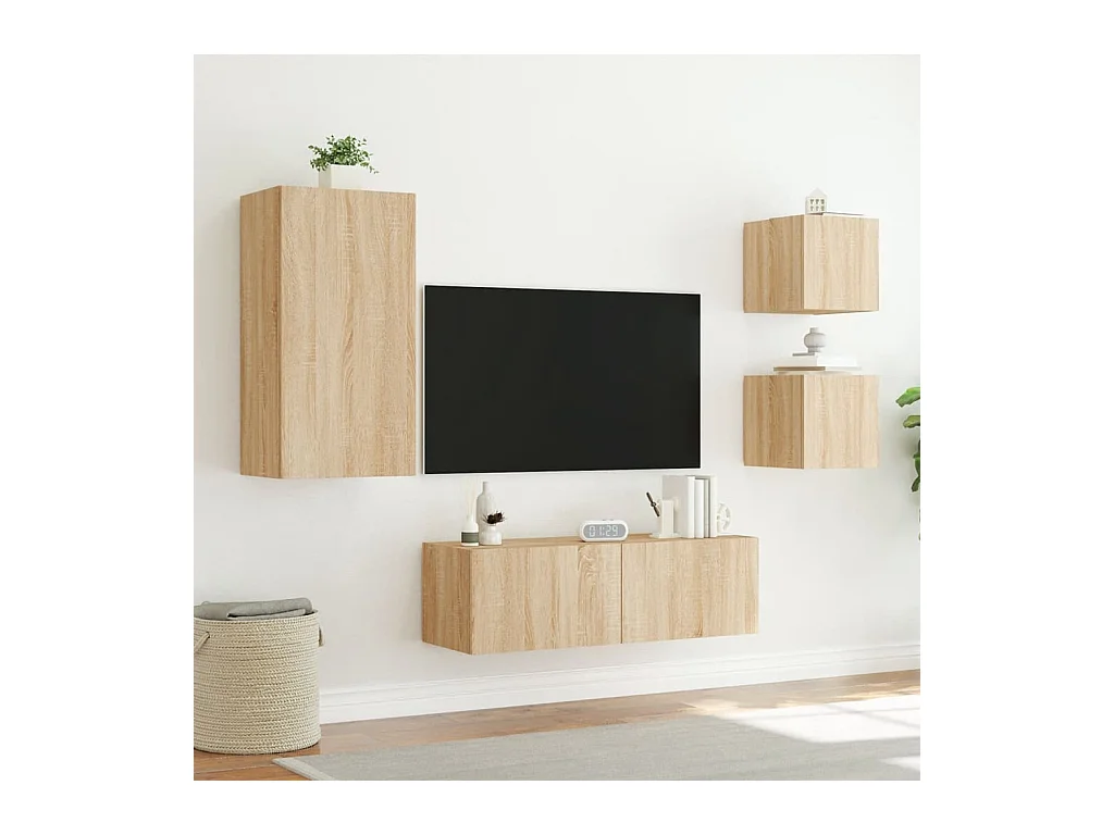 Muebles de TV | Gabinetes de TV |  Muebles de salón de pared con luces LED 4 piezas roble Sonoma