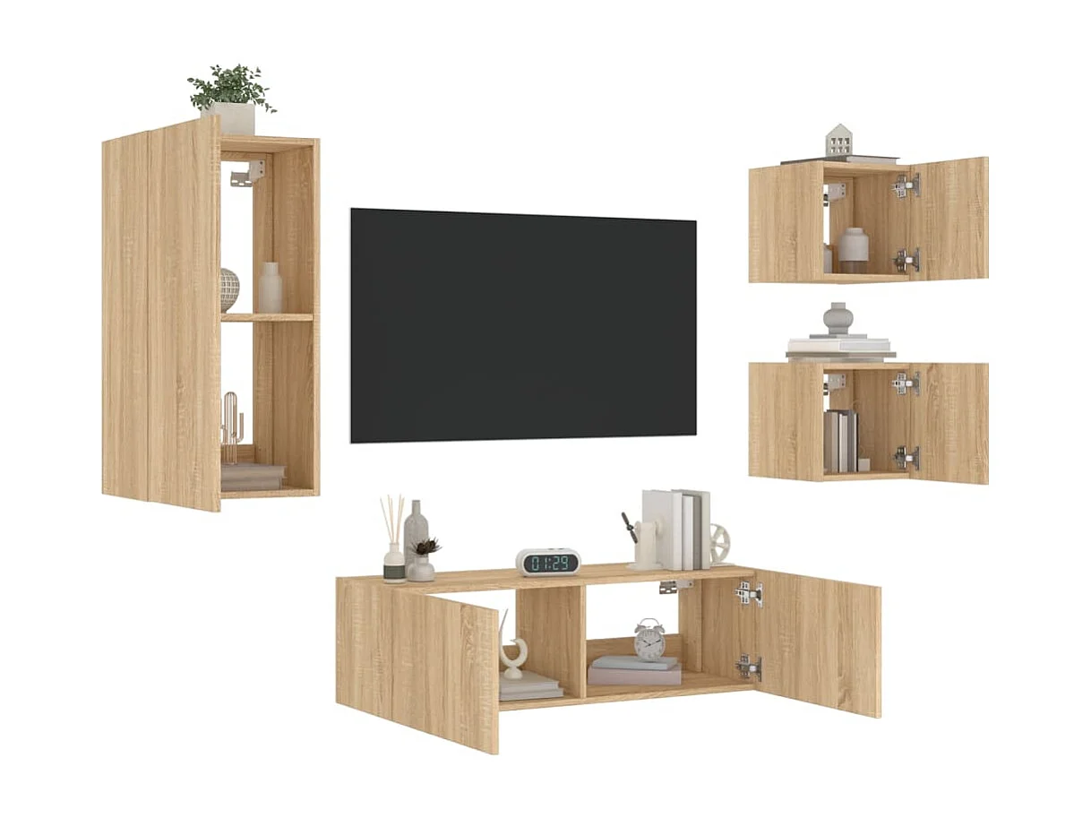 Meuble TV | Banc TV | Armoire TV muraux 4 pcs avec lumières LED chêne sonoma
