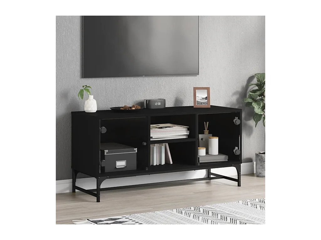 Meuble TV | Banc TV | Armoire TV avec portes en verre noir 102x37x50 cm