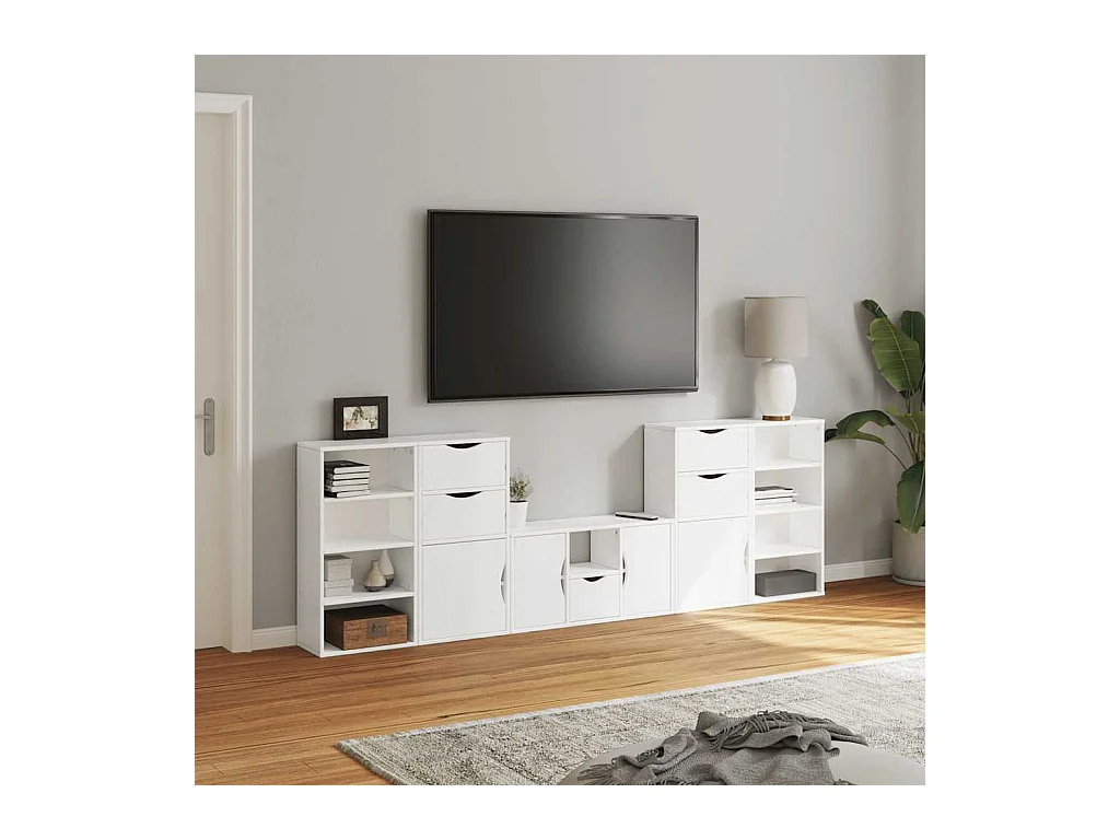 Muebles de TV | Gabinetes de TV |  Muebles de salón 5 uds. con almacenaje "ODDA" blanco madera pino