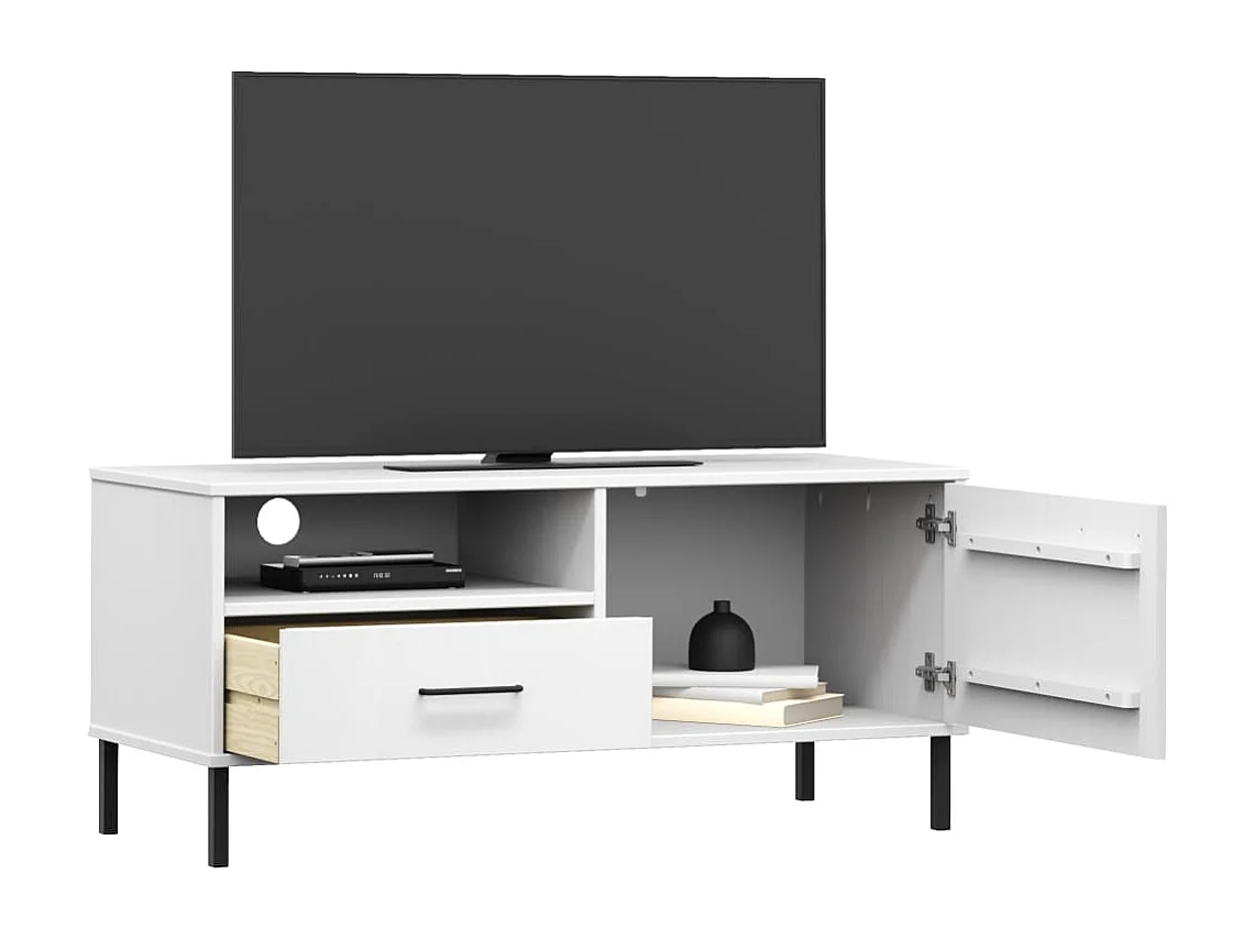 Meuble TV | Banc TV | Armoire TV avec pieds en métal Blanc Bois de pin massif OSLO
