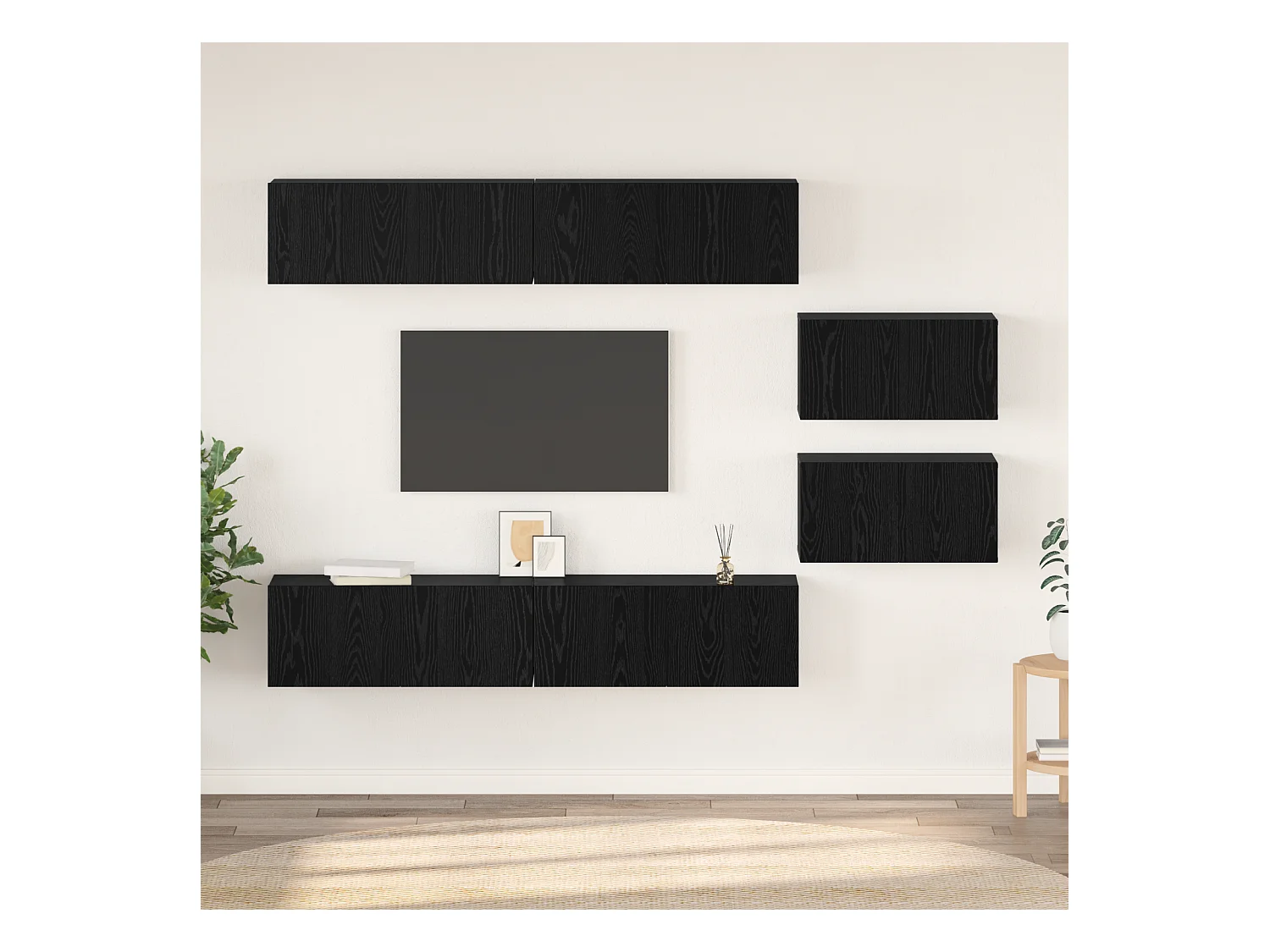 Conjunto de Mueble de TV | Mueble de salón Montaje en la pared 6 pcs Roble Negro