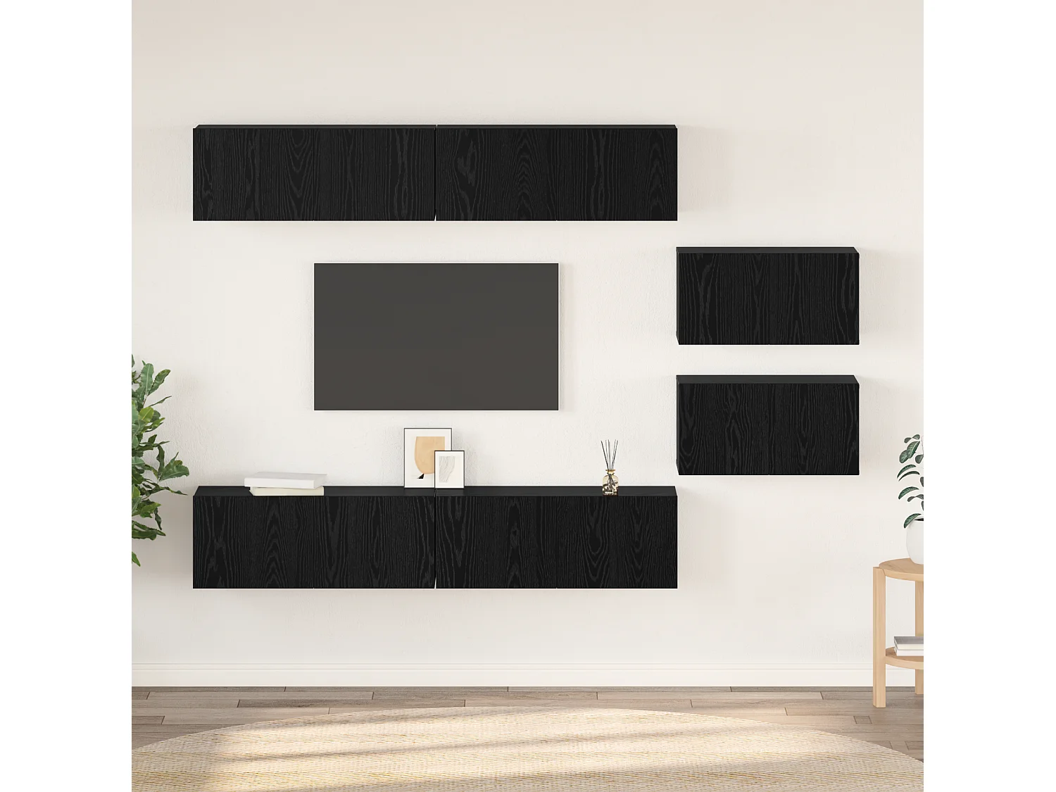Conjunto de Mueble de TV | Mueble de salón Montaje en la pared 6 pcs Roble Negro