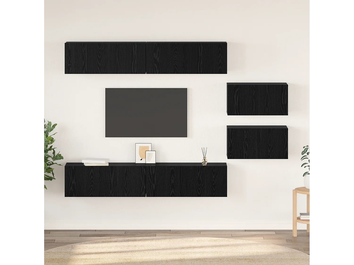 Conjunto de Mueble de TV | Mueble de salón Montaje en la pared 6 pcs Roble Negro