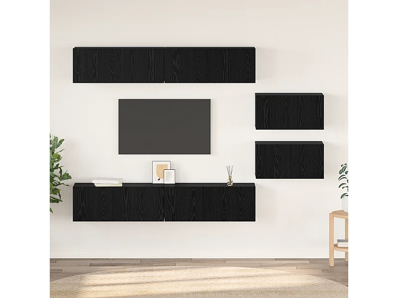 Conjunto de Mueble de TV | Mueble de salón Montaje en la pared 6 pcs Roble Negro