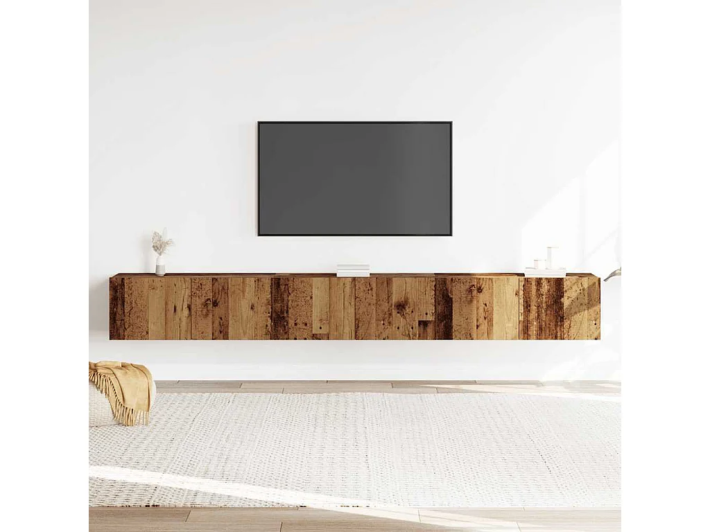 3-delig Tv-meubelset | Tv-Bank | TV-kast wandmontage bewerkt hout oud houtkleurig