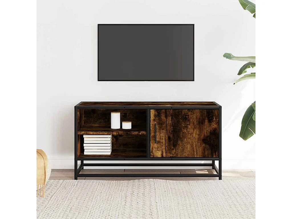 Meuble TV | Banc TV | Armoire TV chêne fumé 80x34,5x40 cm bois d'ingénierie et métal