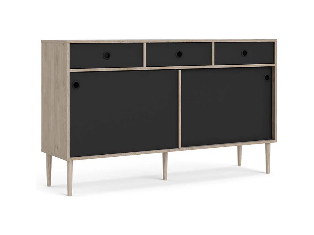 Penny Buffet, 2 portes coulissantes et 3 tiroirs, imitation chêne Hickory, noir mat.