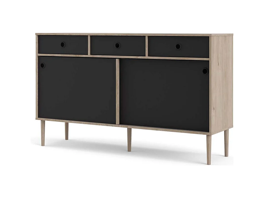 Penny Buffet, 2 portes coulissantes et 3 tiroirs, imitation chêne Hickory, noir mat.