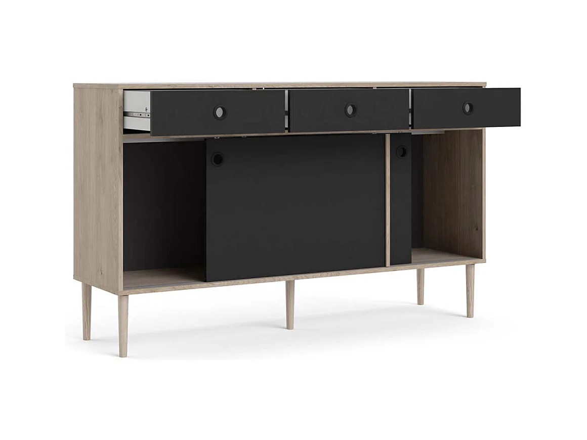 Penny Buffet, 2 portes coulissantes et 3 tiroirs, imitation chêne Hickory, noir mat.