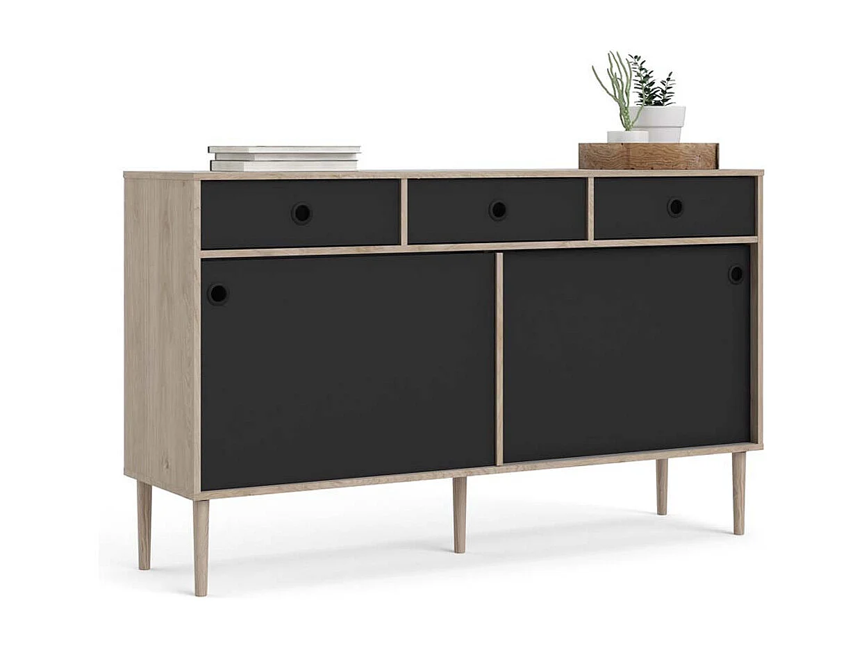 Penny Buffet, 2 portes coulissantes et 3 tiroirs, imitation chêne Hickory, noir mat.