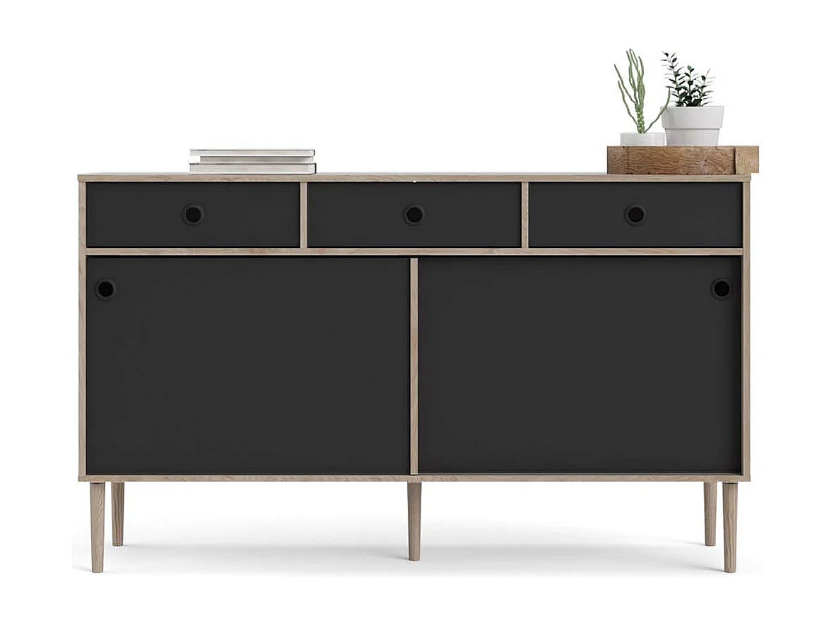 Penny Buffet, 2 portes coulissantes et 3 tiroirs, imitation chêne Hickory, noir mat.