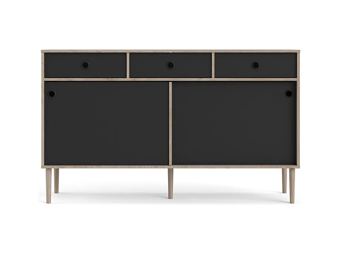 Penny Buffet, 2 portes coulissantes et 3 tiroirs, imitation chêne Hickory, noir mat.