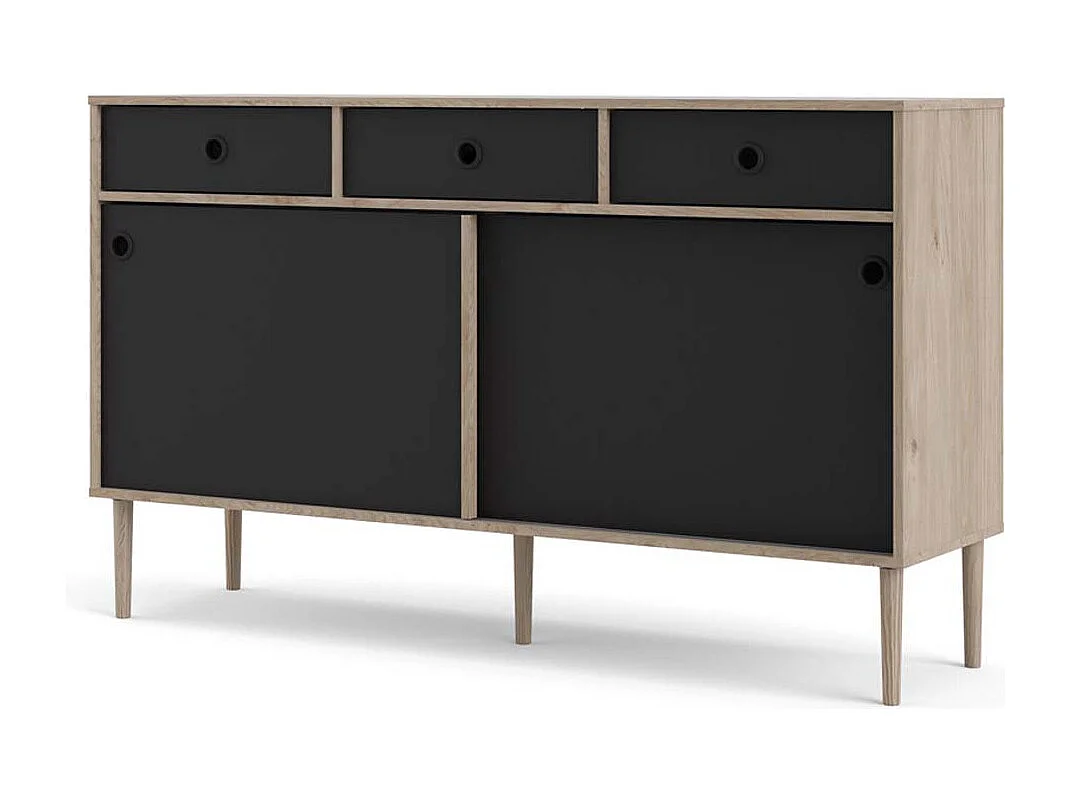 Penny dressoir 2 schuifdeuren en 3 laden Hickory decor en mat zwart.