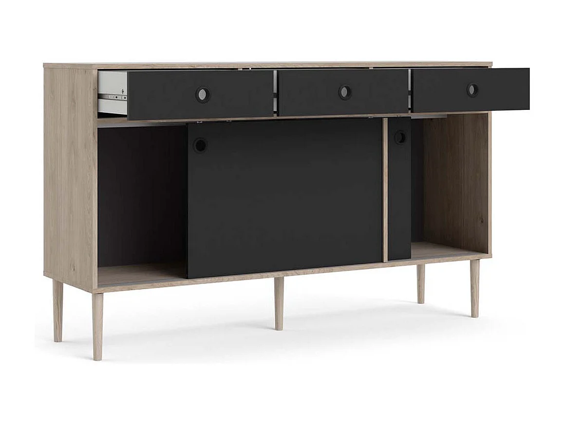 Penny dressoir 2 schuifdeuren en 3 laden Hickory decor en mat zwart.