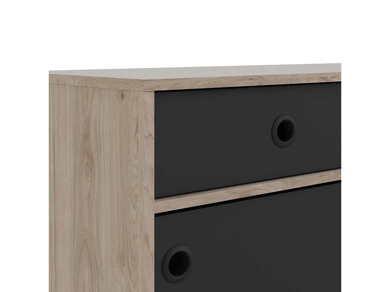 Penny dressoir 2 schuifdeuren en 3 laden Hickory decor en mat zwart.