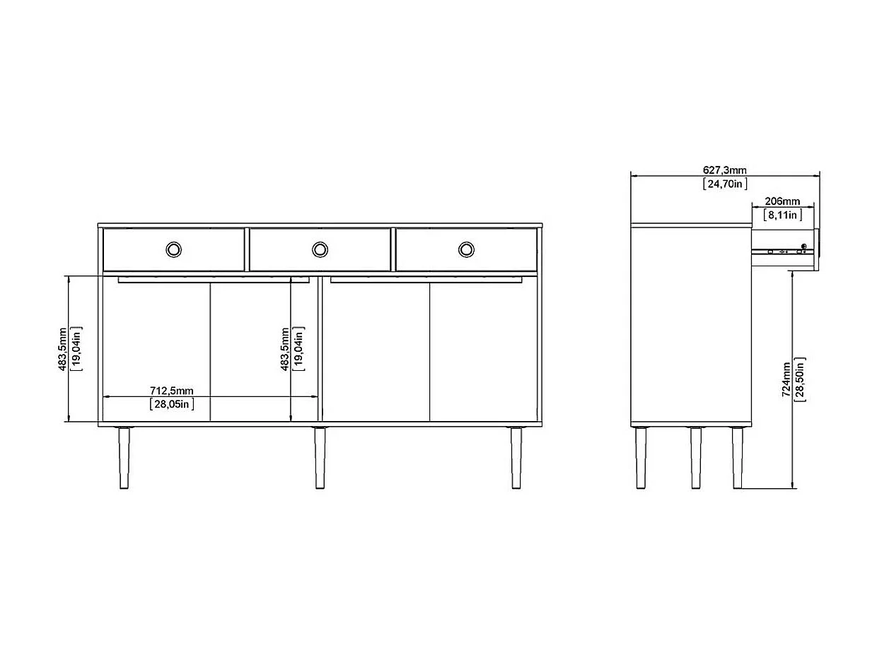 Penny dressoir 2 schuifdeuren en 3 laden Hickory decor en mat zwart.