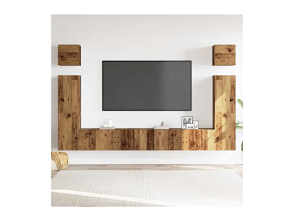 6-delig Tv-meubelset | Tv-Bank | TV-kast wandmontage bewerkt hout oud houtkleurig