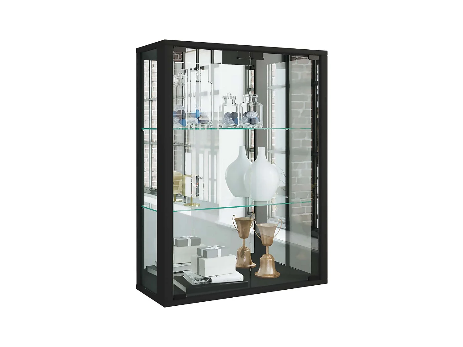 Udina Vitrinenschrank wandhängend mit Spiegel 2 Glastüren Inkl. LED-Leuchten schwarz.