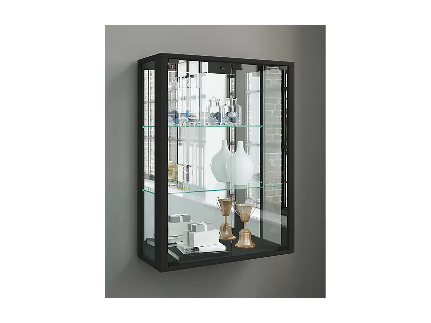 Udina Vitrinenschrank wandhängend mit Spiegel 2 Glastüren Inkl. LED-Leuchten schwarz.