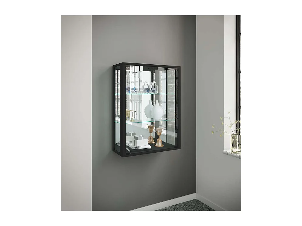Udina Vitrinenschrank wandhängend mit Spiegel 2 Glastüren Inkl. LED-Leuchten schwarz.