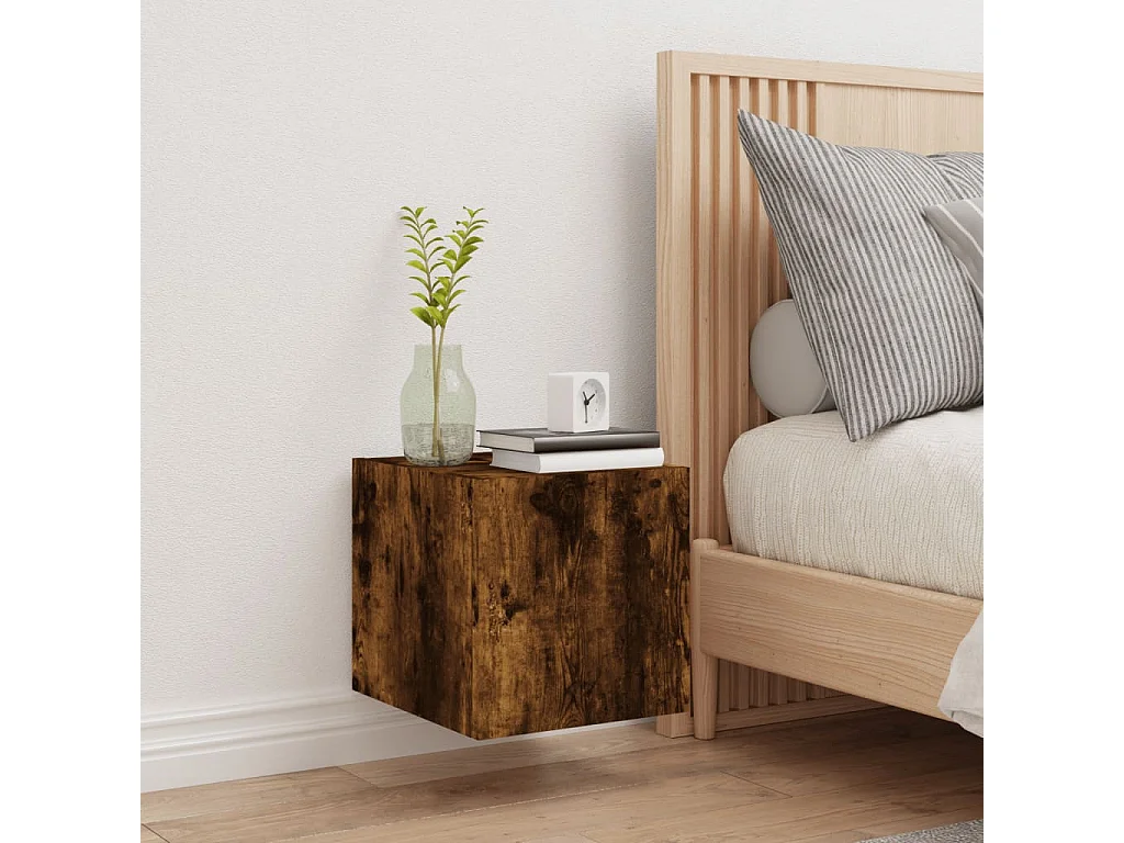 Mueble de TV | Mueble de salón de pared con luces LED roble ahumado 30,5x35x30 cm