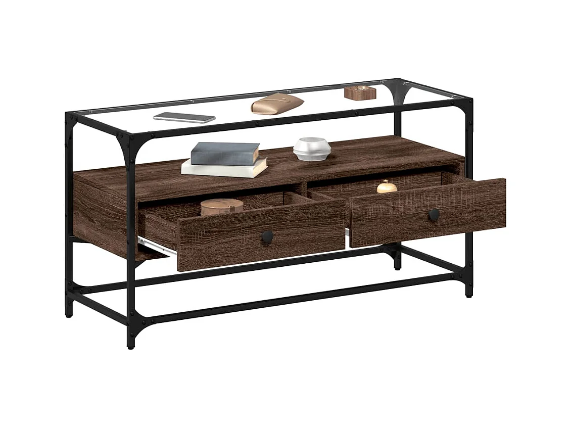 Mueble TV | Gabinete de TV | Mueble de salón cristal y madera ingeniería marrón roble 98x35x51 cm