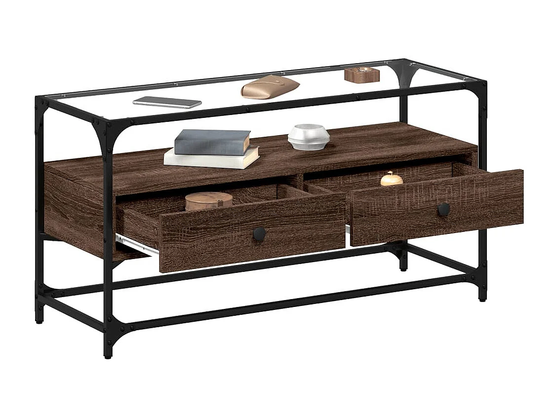 Meuble TV | Banc TV | Armoire TV avec dessus en verre chêne marron bois d'ingénierie