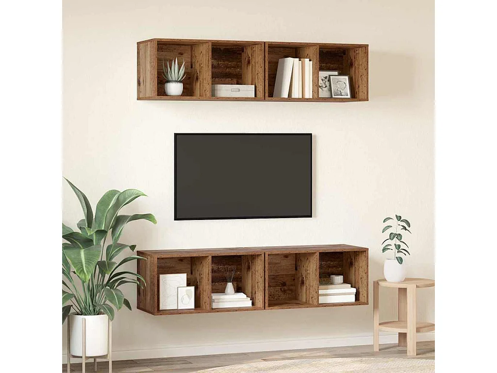 Meuble TV | Banc TV | Armoire TV mural avec étagère avec stockage 4 pcs Vieux bois 37 x 37 x 72 cm
