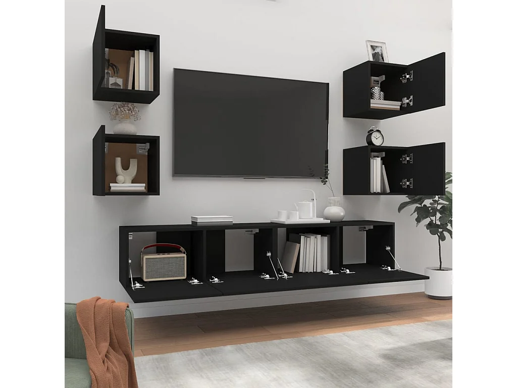 Set de muebles para TV  | Gabinetes de TV |  Muebles de salón 6 piezas madera contrachapada negro
