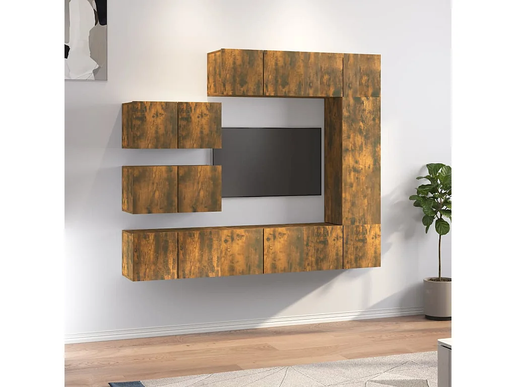 Set de muebles de TV | Gabinetes de TV |  Muebles de salón 8 pzas madera contrachapada roble ahumado