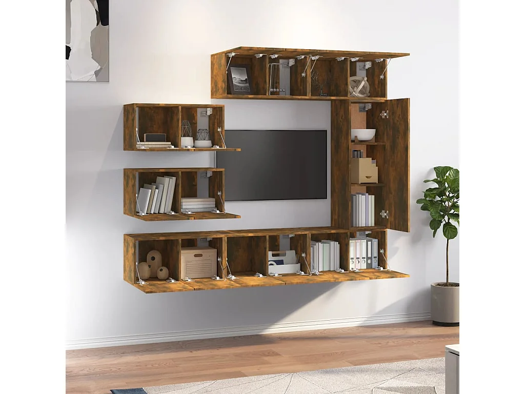 Set de muebles de TV | Gabinetes de TV |  Muebles de salón 8 pzas madera contrachapada roble ahumado