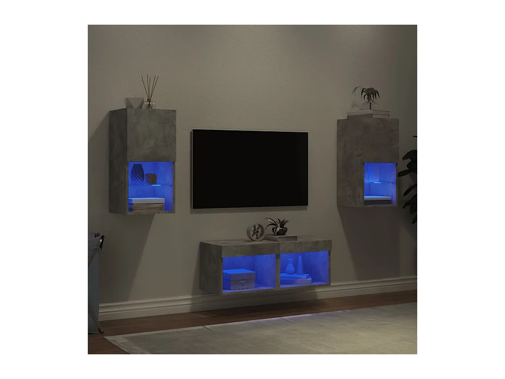 Muebles de TV | Gabinetes de TV |  Muebles de salón de pared con luces LED 4 piezas gris hormigón