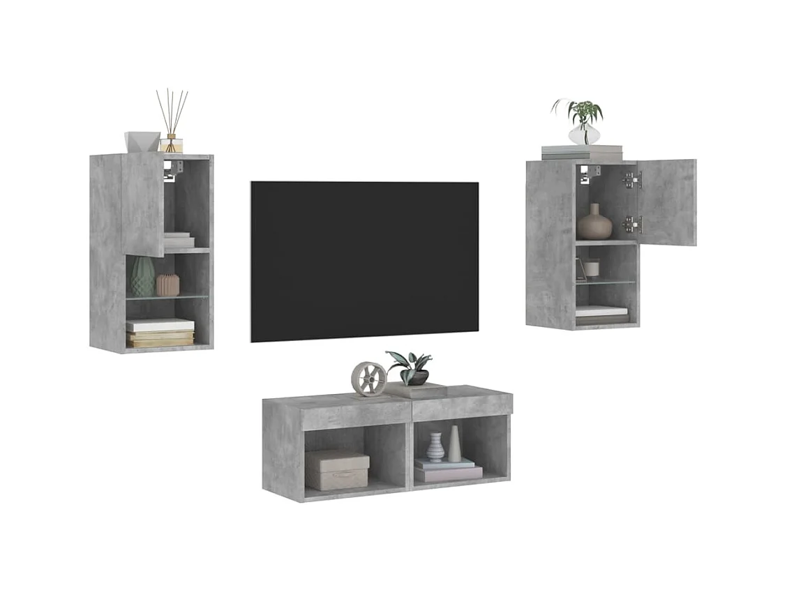Muebles de TV | Gabinetes de TV |  Muebles de salón de pared con luces LED 4 piezas gris hormigón