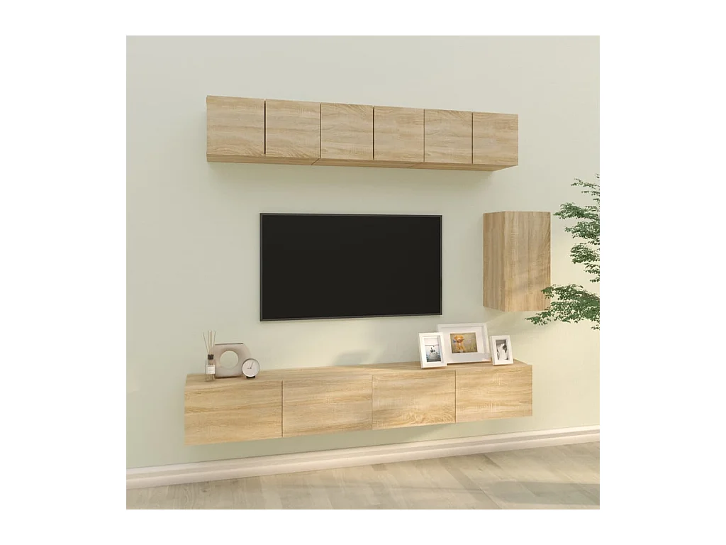 Set de muebles para TV  | Gabinetes de TV |  Muebles de salón 6 pzas madera contrachapada roble sonoma