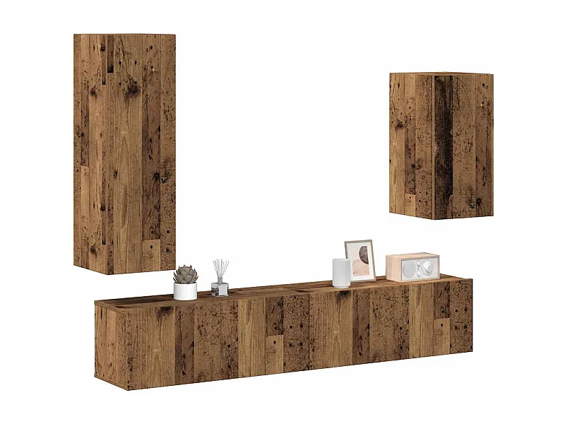 4-delig Tv-meubelset | Tv-Bank | TV-kast wandmontage bewerkt hout oud houtkleurig