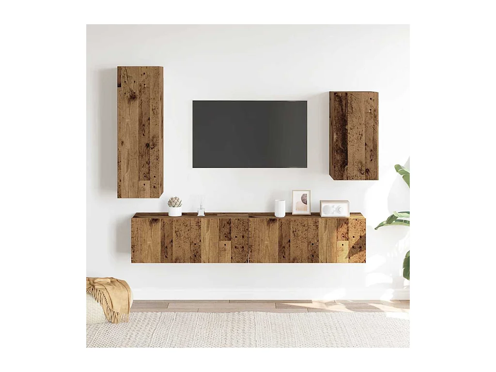 4-delig Tv-meubelset | Tv-Bank | TV-kast wandmontage bewerkt hout oud houtkleurig