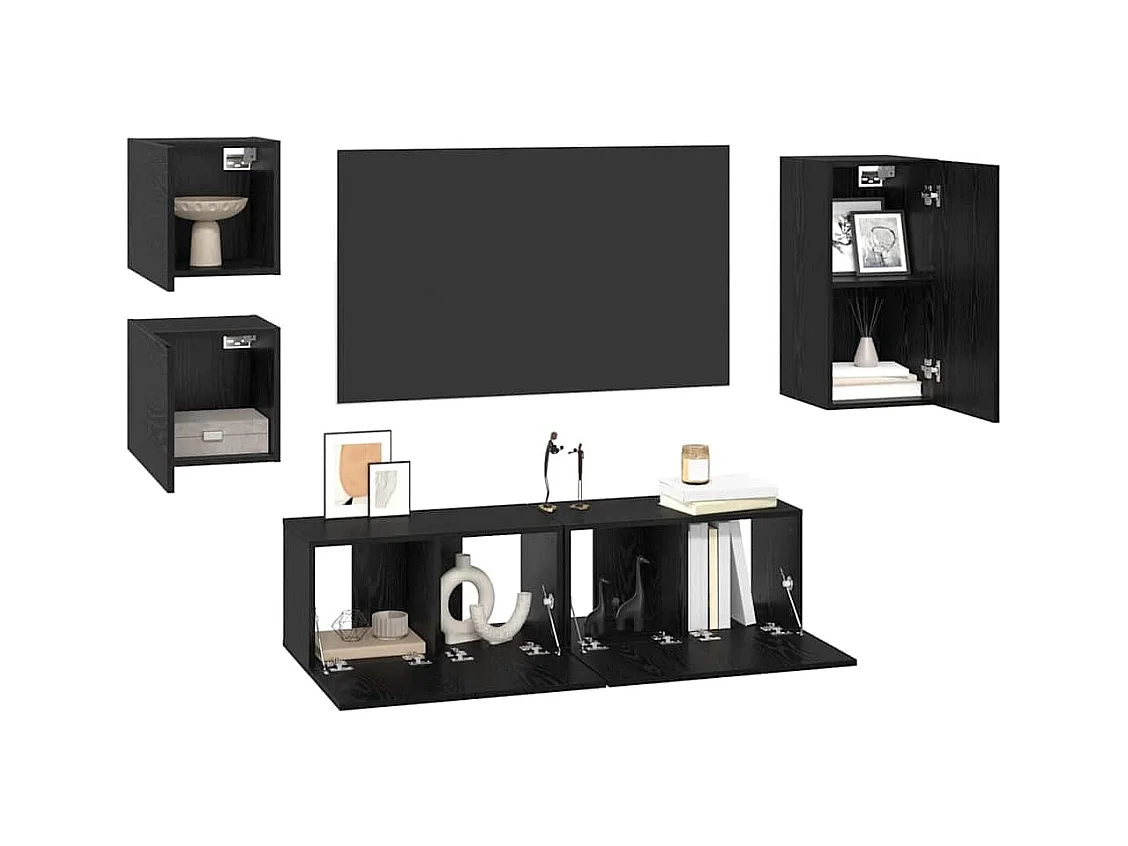 Tv-meubelset | Tv-Bank | TV-kast met plank Wandgemonteerd Anders met opslag met de deur 5 pcs Zwart eiken Bewerkt hout