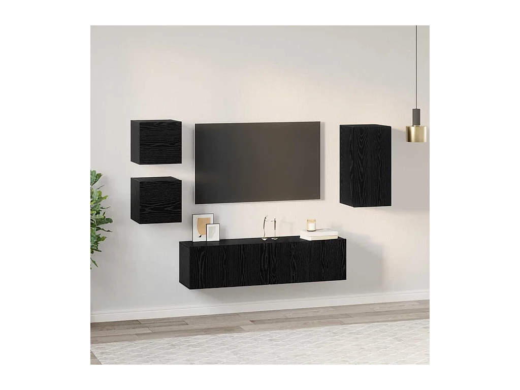 Tv-meubelset | Tv-Bank | TV-kast met plank Wandgemonteerd Anders met opslag met de deur 5 pcs Zwart eiken Bewerkt hout
