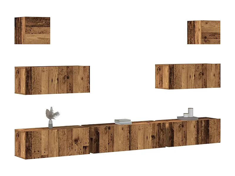 7-delig Tv-meubelset | Tv-Bank | TV-kast wandmontage bewerkt hout oud houtkleurig