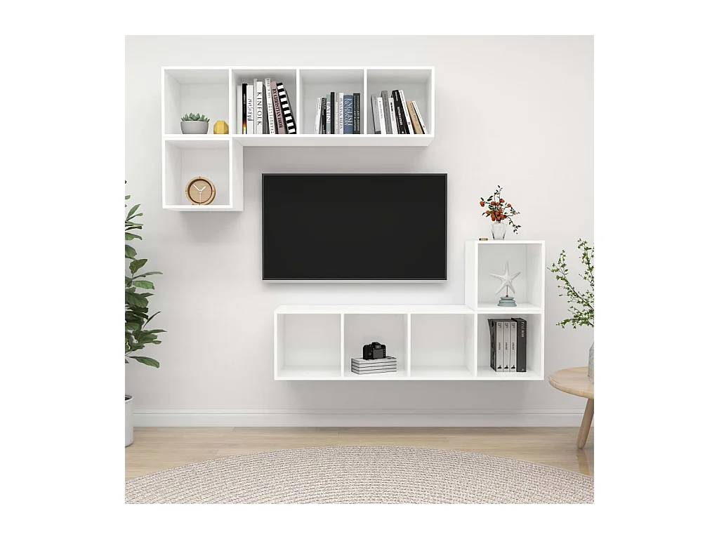 4-delige Tv-meubelset | Tv-Bank | TV-kast bewerkt hout wit