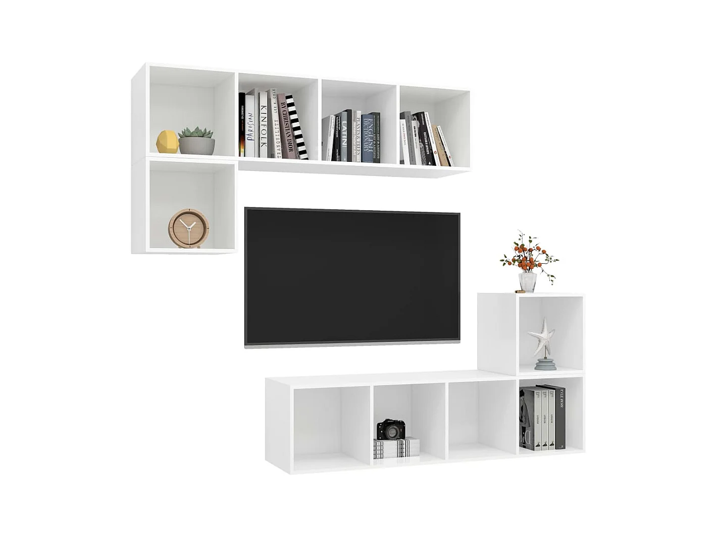 4-delige Tv-meubelset | Tv-Bank | TV-kast bewerkt hout wit