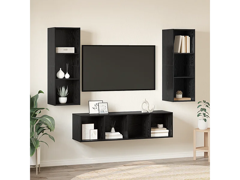 TV-kast | Tv-meubel | Tv-Bank set 3 pcs Zwart eiken 37 x 37 x 142.5 cm Bewerkt hout