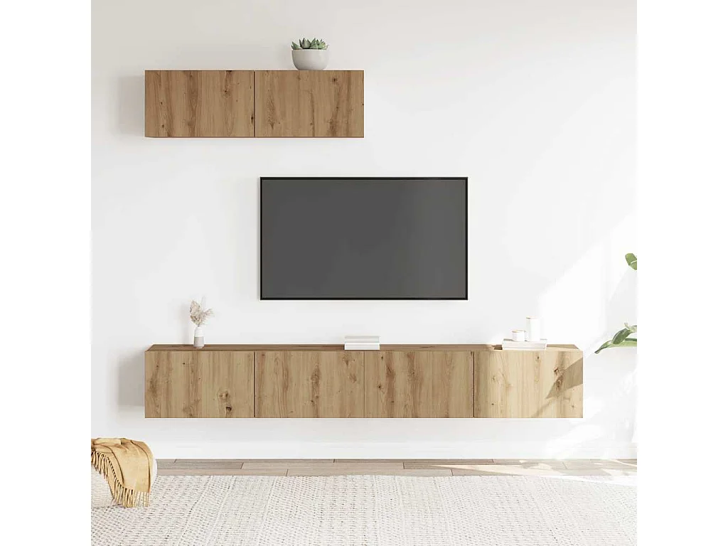 3-delig Tv-meubelset | Tv-Bank | TV-kast wandmontage bewerkt hout artisanaal eiken