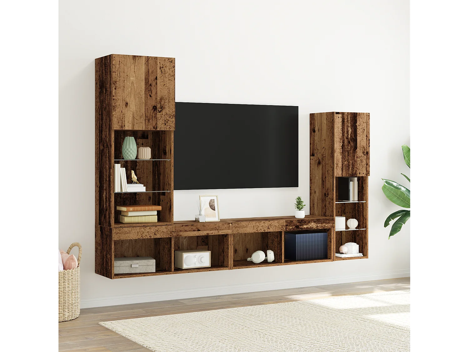 Tv-meubel | Tv-Bank | TV-kastmet LED 40,5x30x102 cm bewerkt hout oud houtkleurig