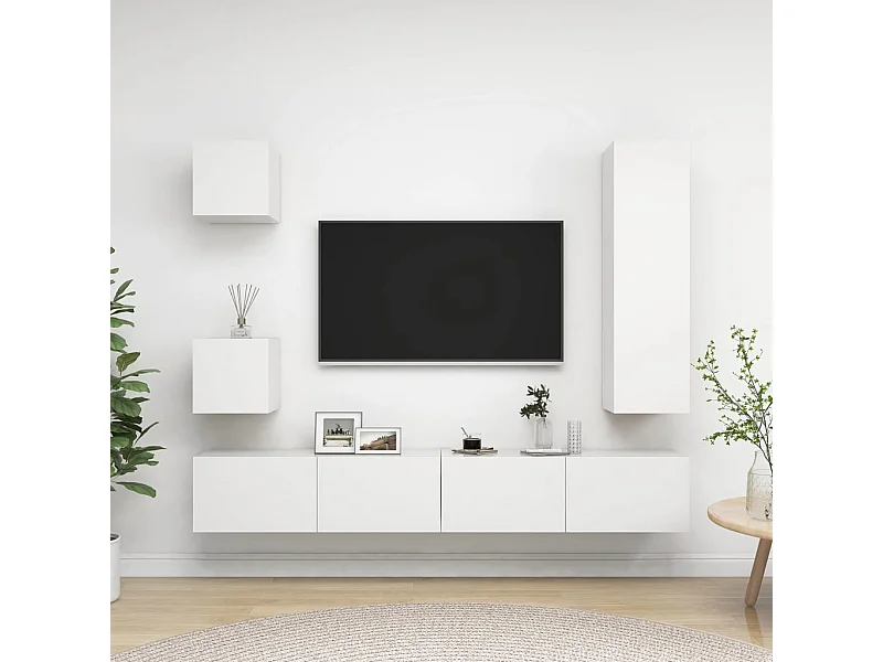 Set de muebles de salón TV | Gabinetes de TV |  Muebles de TV 5 piezas madera de ingeniería blanco