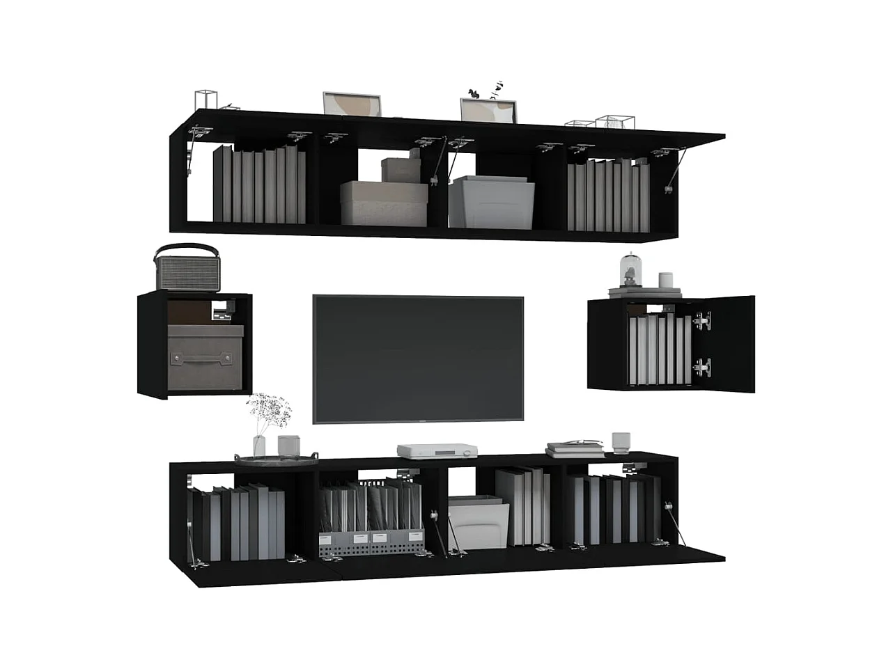 Set de muebles para TV  | Gabinetes de TV |  Muebles de salón 6 piezas madera contrachapada negro