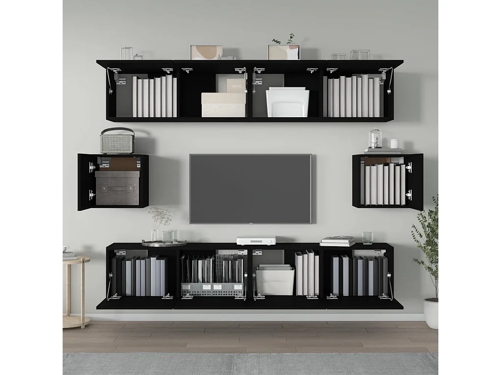 Set de muebles para TV  | Gabinetes de TV |  Muebles de salón 6 piezas madera contrachapada negro
