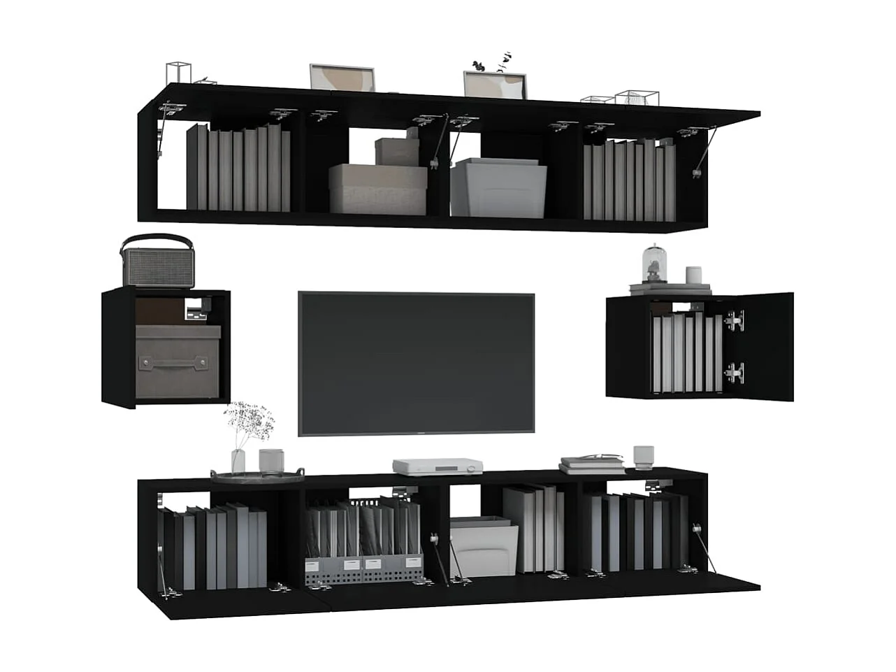 Set de muebles para TV  | Gabinetes de TV |  Muebles de salón 6 piezas madera contrachapada negro