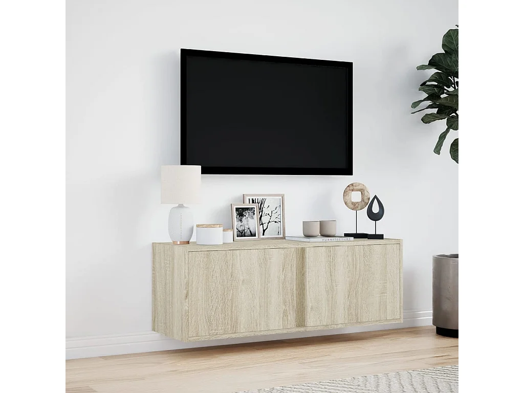 Meuble TV | Banc TV | Armoire TV mural avec lumières LED chêne sonoma 100x31x35 cm